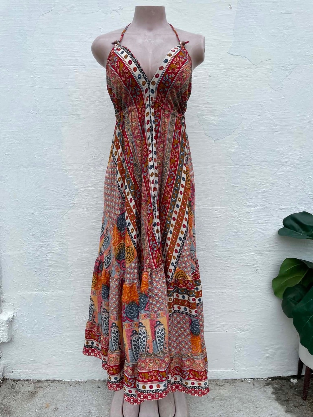 Bohemian Halter Maxi Dress in Red & Orange